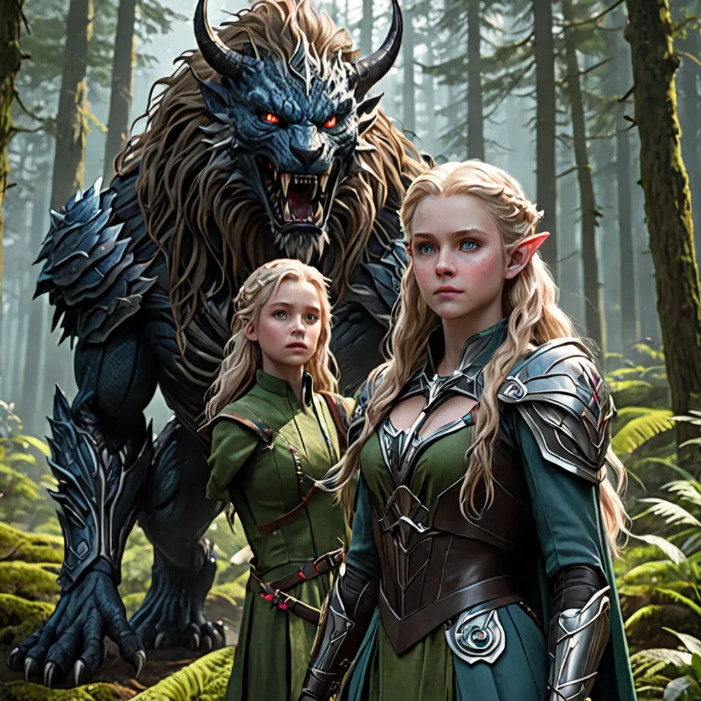 a couple of women standing next to a giant monster in a forest with trees and ferns on the ground, fantasy art, poster art, Clint Cearley, key art