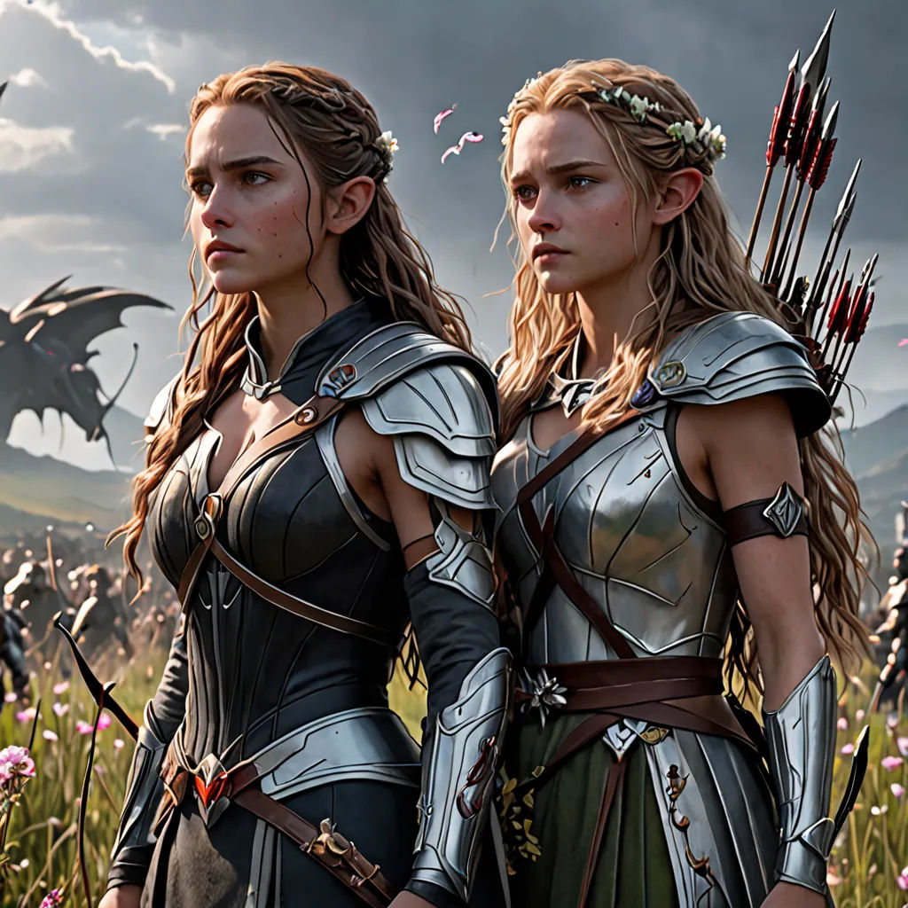 two women in armor standing in a field of flowers with a dragon in the background and a dark sky, fantasy art, a detailed matte painting, Clint Cearley, trending on artstation hq