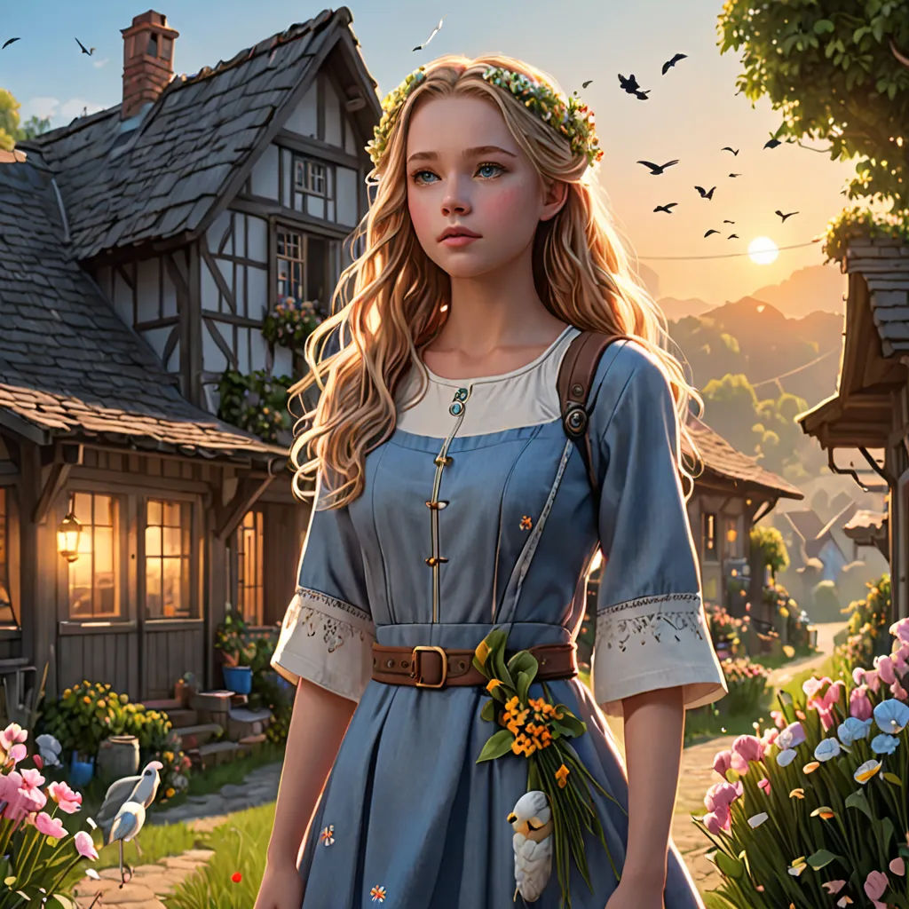 a girl in a blue dress standing in front of a house with flowers in her hair and a bird in her hand, fantasy art, a storybook illustration, Chris LaBrooy, rossdraws global illumination