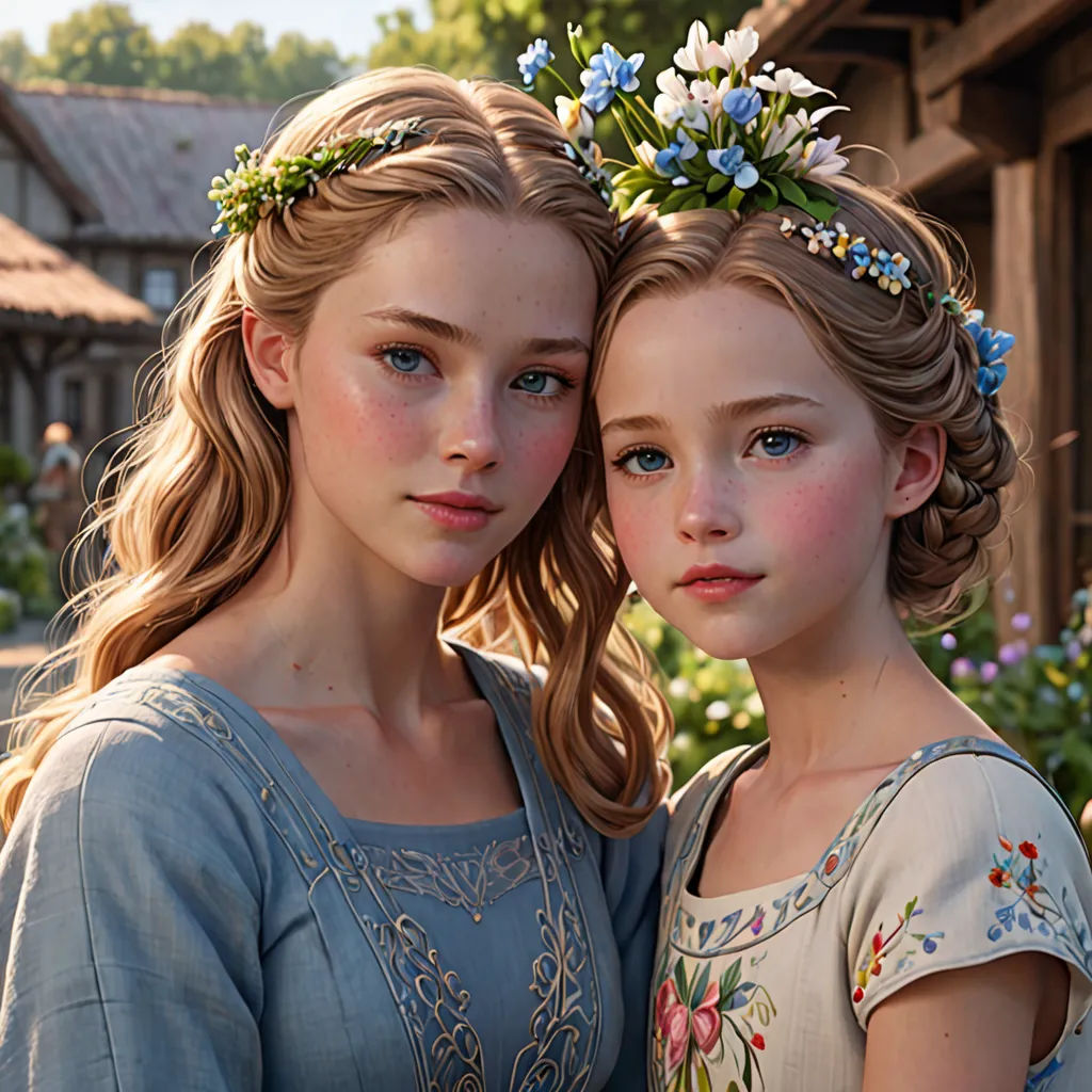 two young girls are posing for a picture together in front of a house and flowers in the background,, photorealism, a photorealistic painting, Anne Said, ultra realistic faces