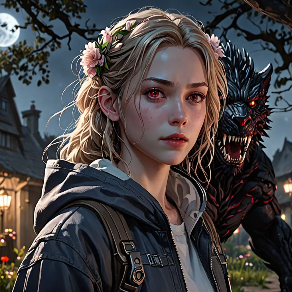 a girl with a flower in her hair and a wolf in her hair, standing in front of a house, fantasy art, concept art, Artgerm, stanley artgerm lau