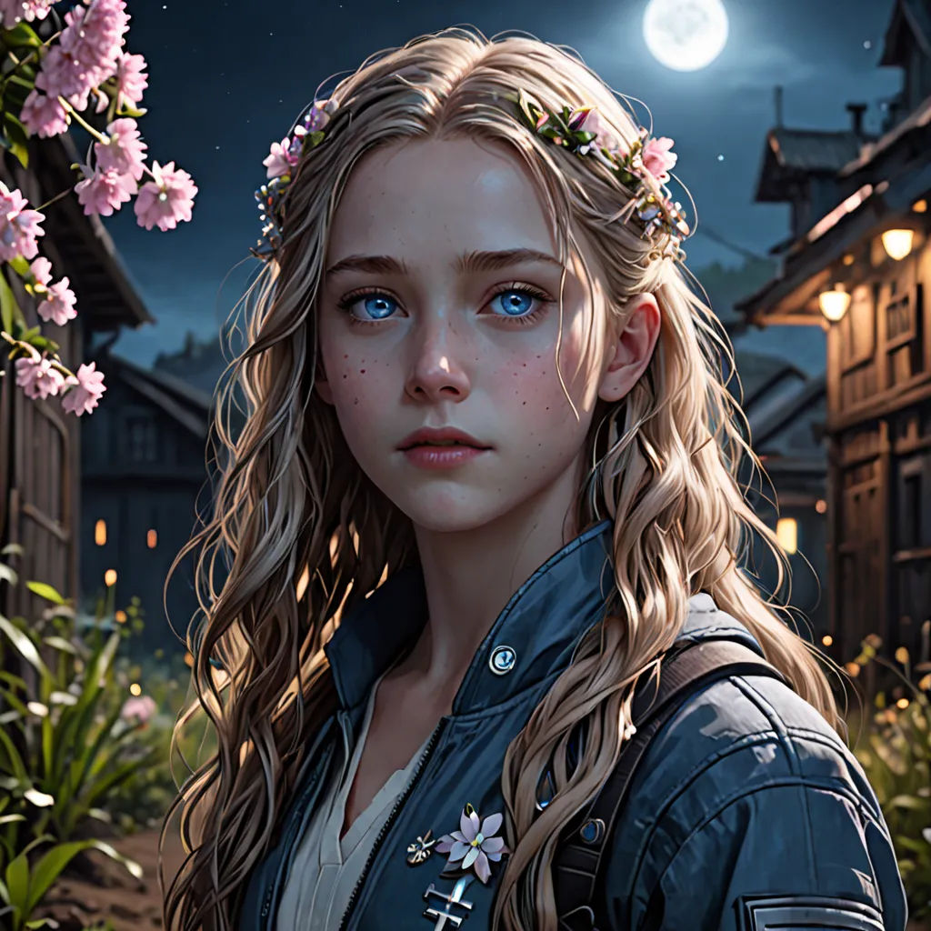 a girl with long hair and a flower crown on her head standing in front of a house at night, fantasy art, a character portrait, Clint Cearley, trending on artstation hq