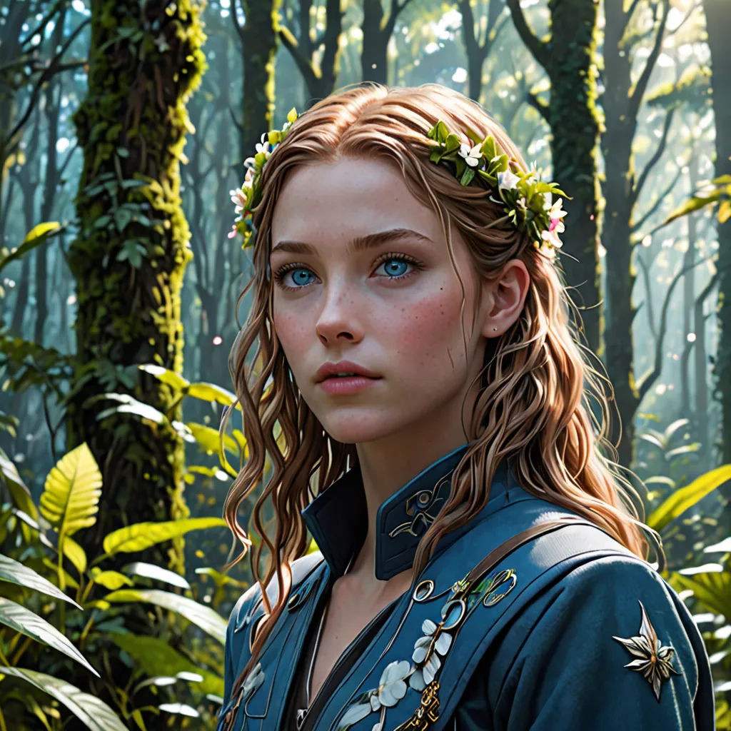 a woman in a forest with a flower in her hair and a wreath of flowers in her hair, with a blue shirt and green jacket, fantasy art, a photorealistic painting, Clint Cearley, trending on artstation hq