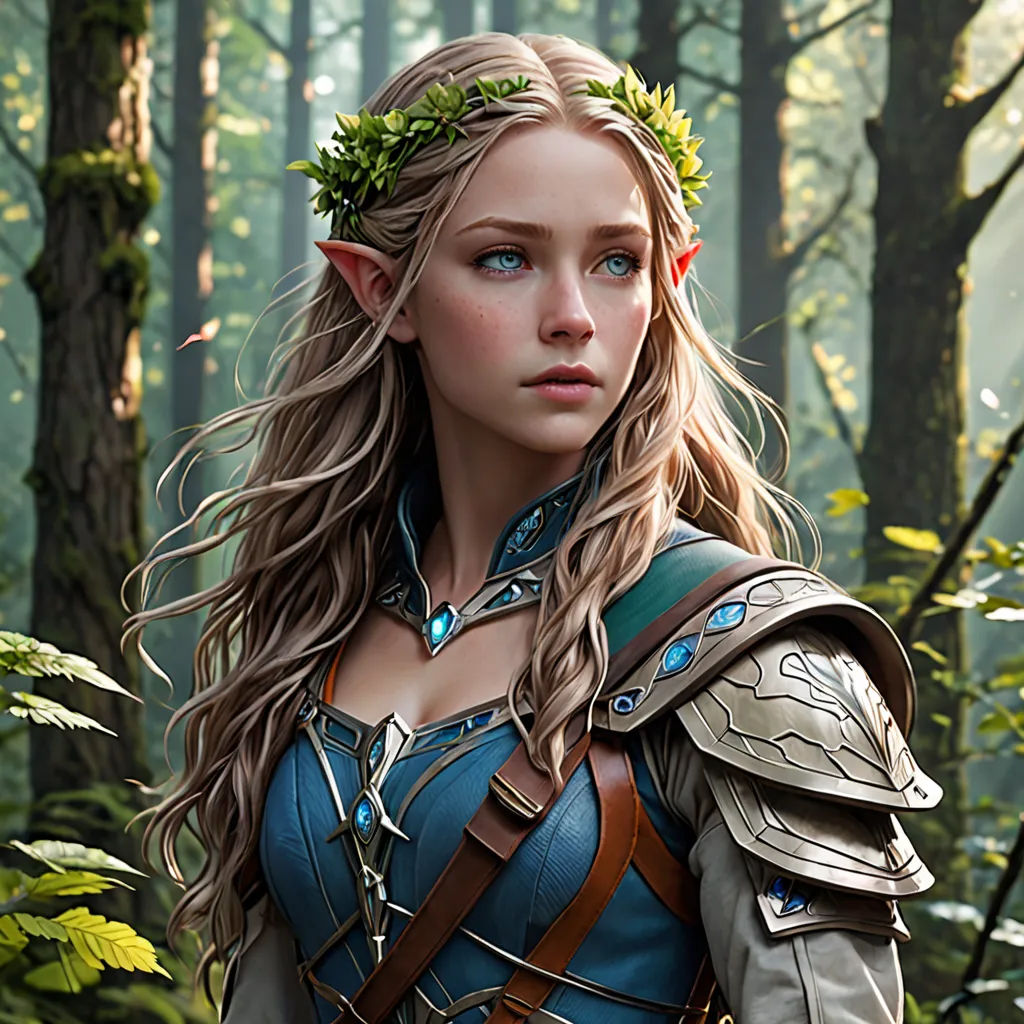 a woman in a forest with a wreath on her head and a sword in her hand, with a forest background, fantasy art, a character portrait, Clint Cearley, magic the gathering artwork