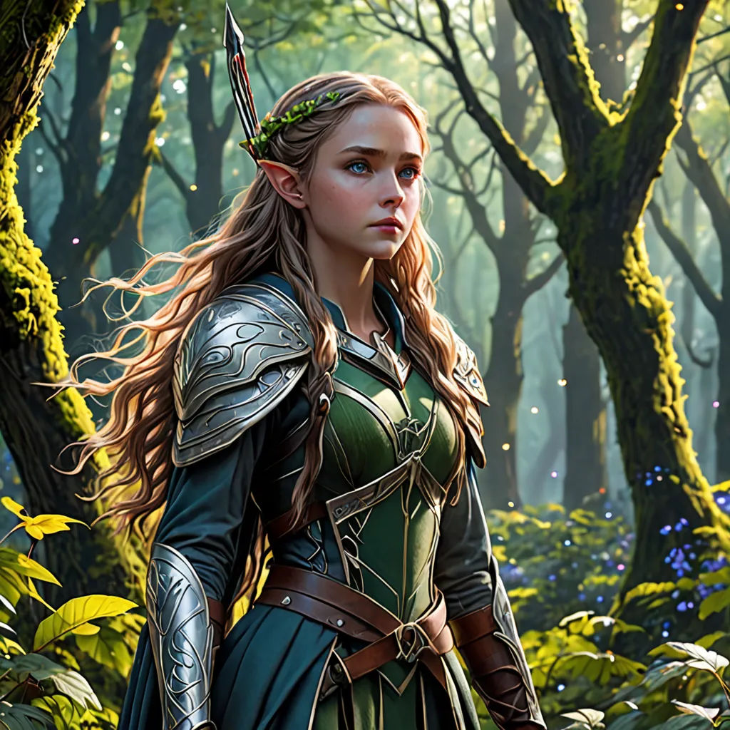 a woman in a green dress standing in a forest with trees and bushes behind her and a sword in her hand, fantasy art, a character portrait, Clint Cearley, magic the gathering artwork