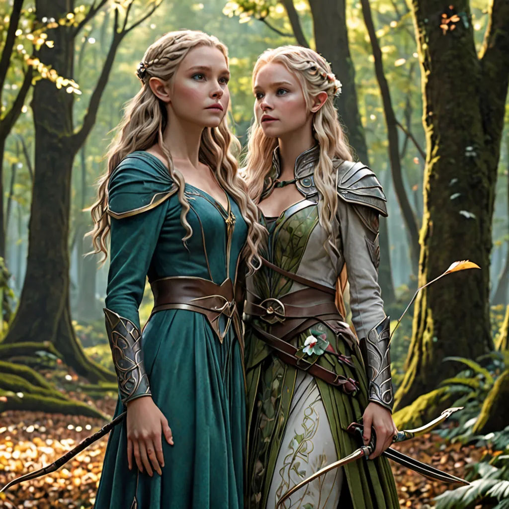 two women dressed in medieval costumes standing in a forest with trees and leaves in the background, one of them holding a bow, fantasy art, a detailed matte painting, Andor Basch, promotional image