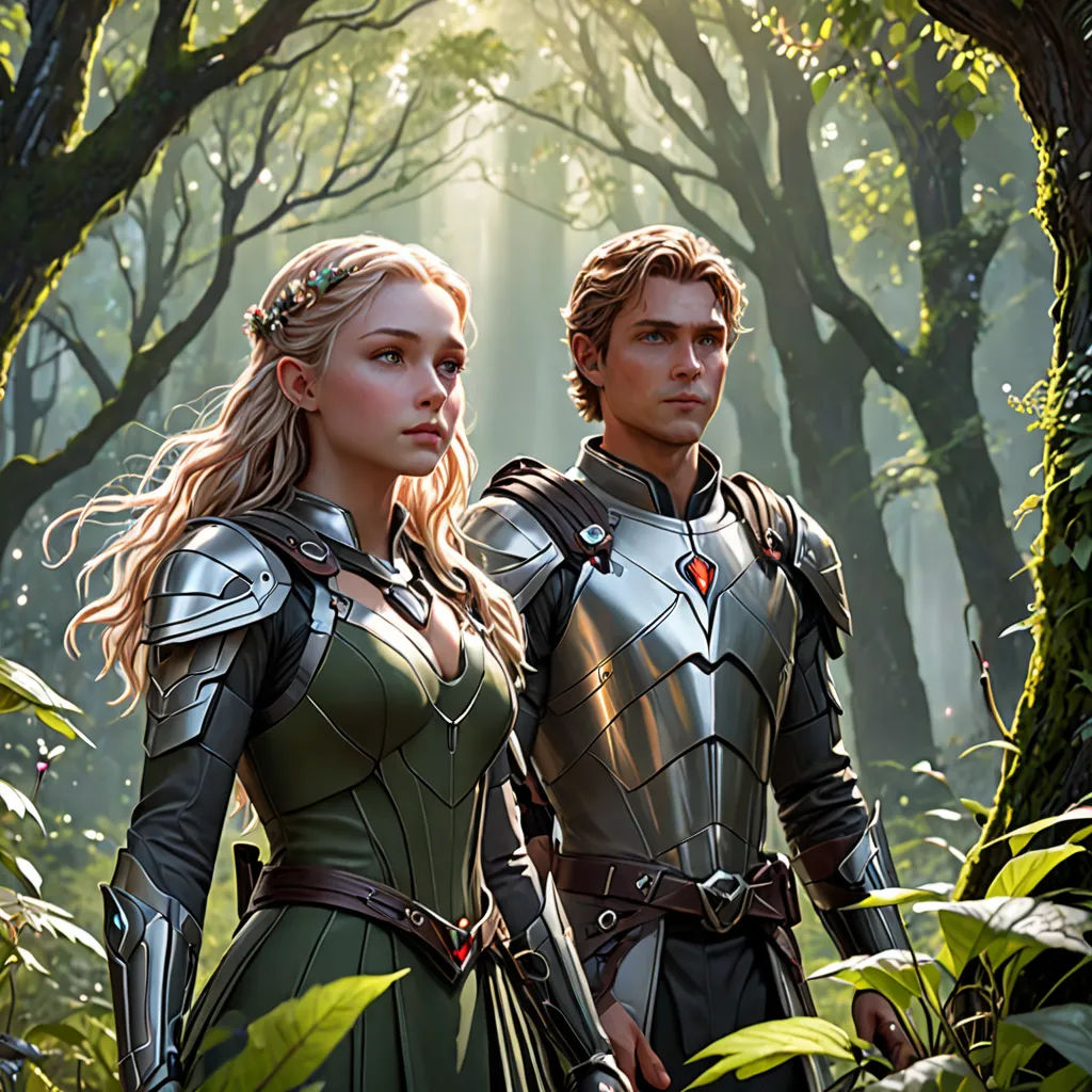 a couple of people standing in a forest with trees and plants behind them, one of them is wearing armor, fantasy art, a detailed matte painting, Clint Cearley, rossdraws global illumination