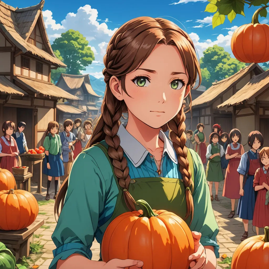 a girl holding a pumpkin in front of a crowd of people in a village with many pumpkins on the ground, remodernism, a detailed painting, Anne Said, official art