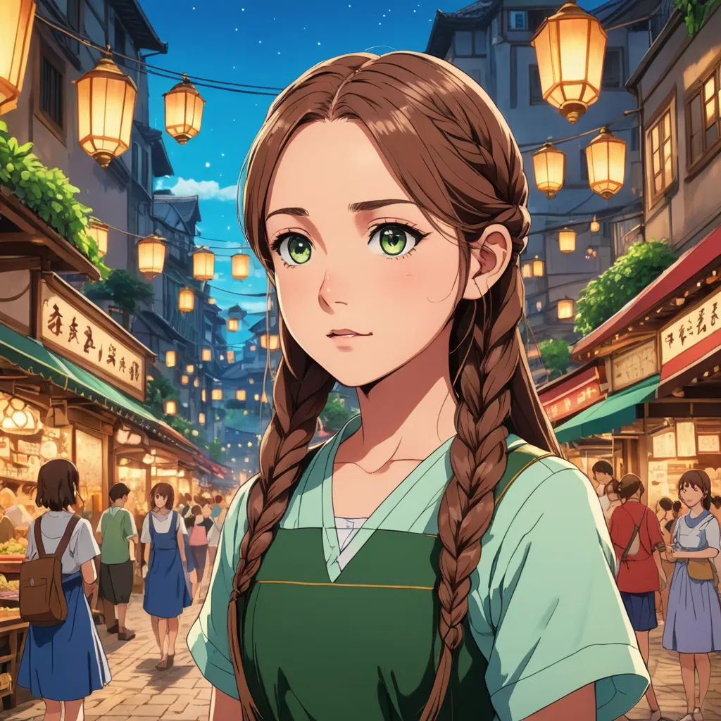 a girl with long hair and green eyes stands in a crowded street in a city at night with lanterns, remodernism, concept art, Anne Said, official art