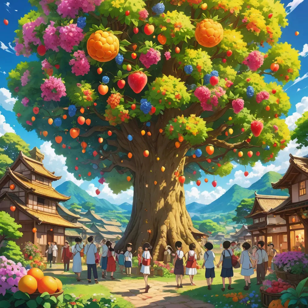 a group of people standing around a tree with fruit on it's branches and a sky background with clouds, naive art, a detailed matte painting, Chris LaBrooy, kyoto animation