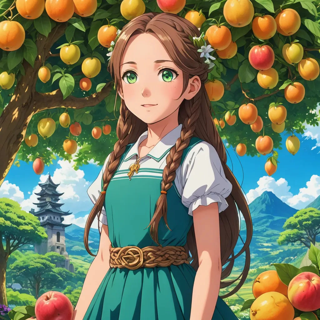 a girl in a green dress standing under a tree with oranges on it and a castle in the background, synthetism, a character portrait, Anne Said, official art