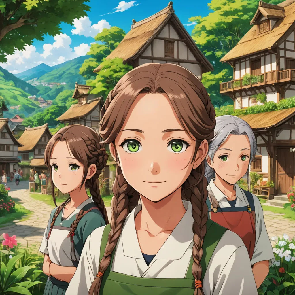 a group of people standing in front of a house with a green eye and long hair in a cartoon, sots art, a character portrait, Anne Said, official art