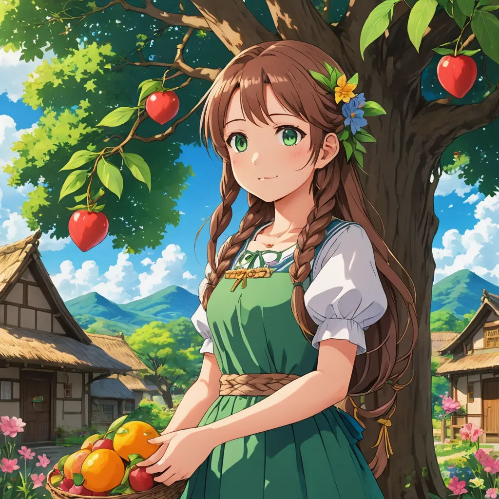 a girl in a green dress holding a basket of fruit in front of a tree with a house in the background, synthetism, a detailed painting, Anne Said, official art