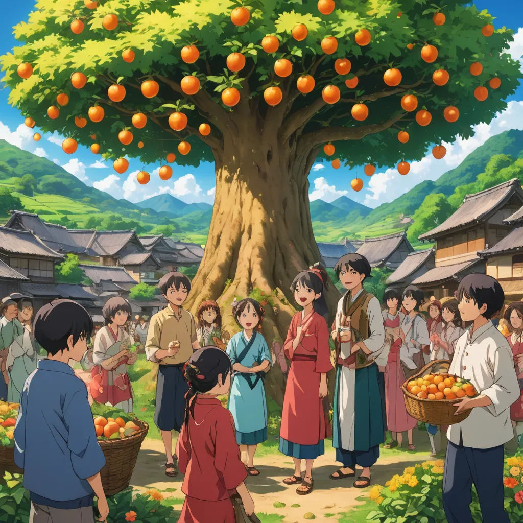 a group of people standing around a tree with oranges on it's branches and a man holding a basket of fruit, magical realism, poster art, Aya Goda, official art