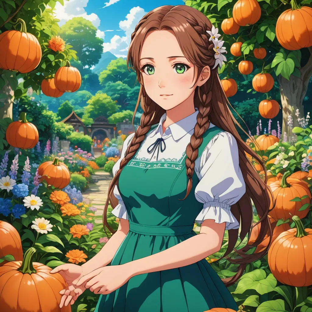 a girl in a green dress standing in a garden with pumpkins on the trees and flowers around her, synthetism, a character portrait, Anne Said, official art