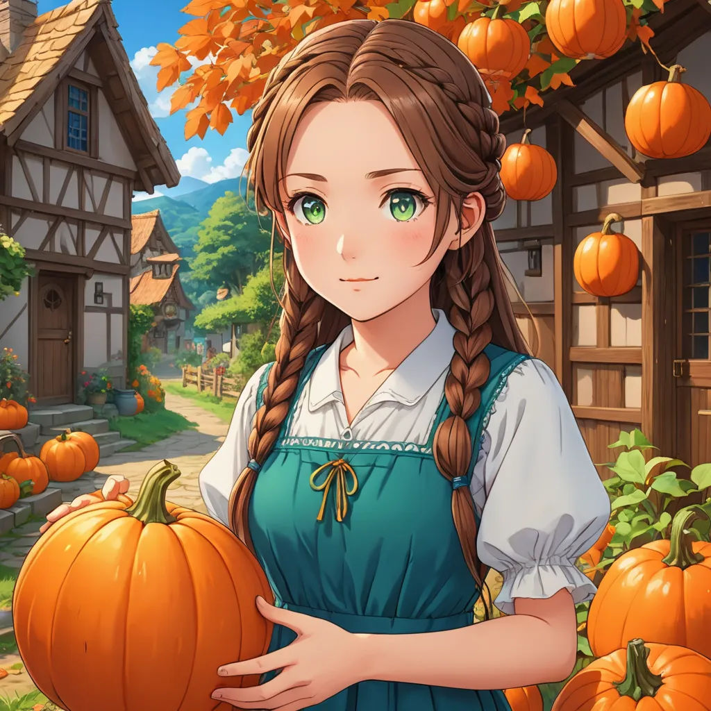 a girl in a blue dress holding a pumpkin in front of a house with lots of pumpkins on the ground, remodernism, a character portrait, Anne Said, official art