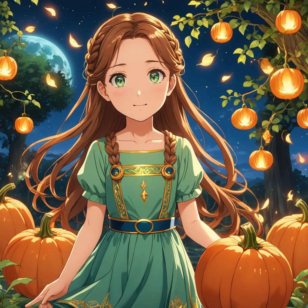 a girl in a green dress standing in a field of pumpkins with a full moon in the background, synthetism, a fine art painting, Anne Said, official art