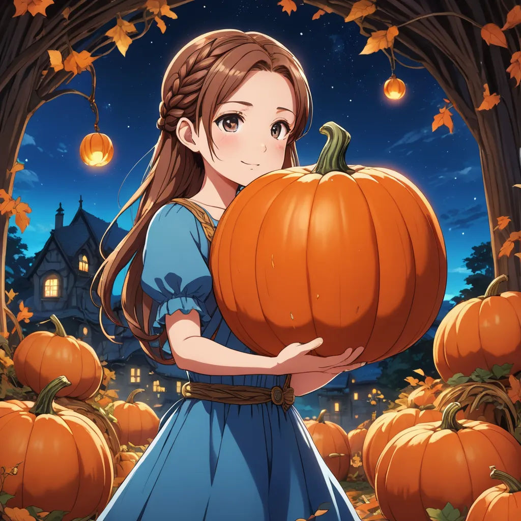 a girl holding a pumpkin in a field of pumpkins at night with a castle in the background and a full moon, folk art, a painting, Anne Said, official art