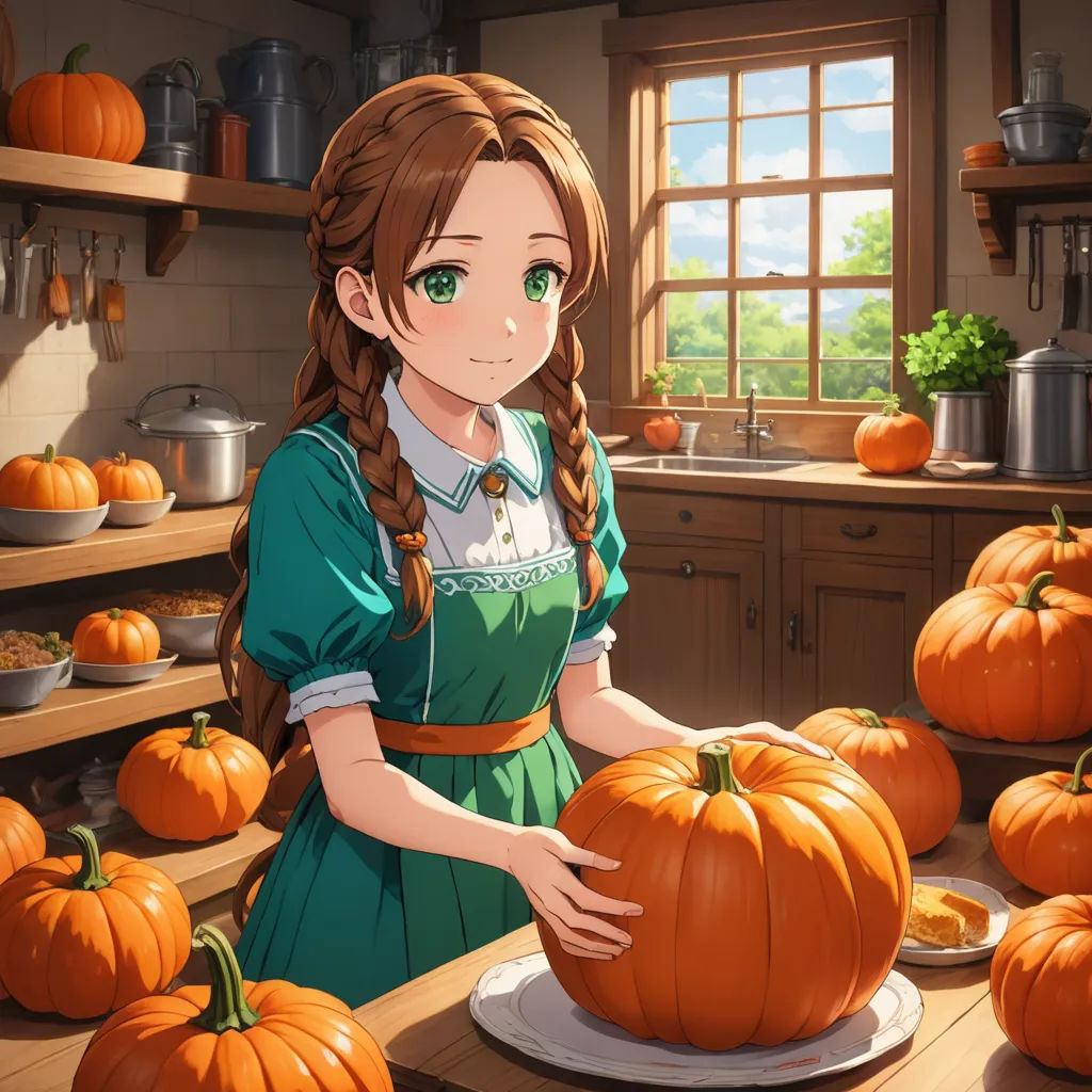 a girl in a green dress is holding a pumpkin in a kitchen with many pumpkins on the counter, remodernism, a detailed painting, Anne Said, official art
