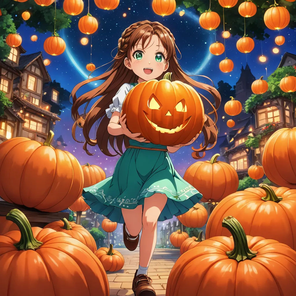 a girl holding a pumpkin in a field of pumpkins with a sky background and lights in the background, folk art, poster art, Anne Said, official art