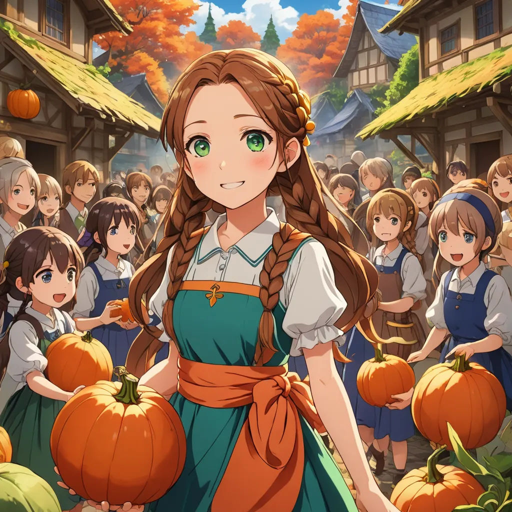 a girl in a green dress standing in front of a crowd of children with pumpkins in front of her, synthetism, concept art, Anne Said, official art