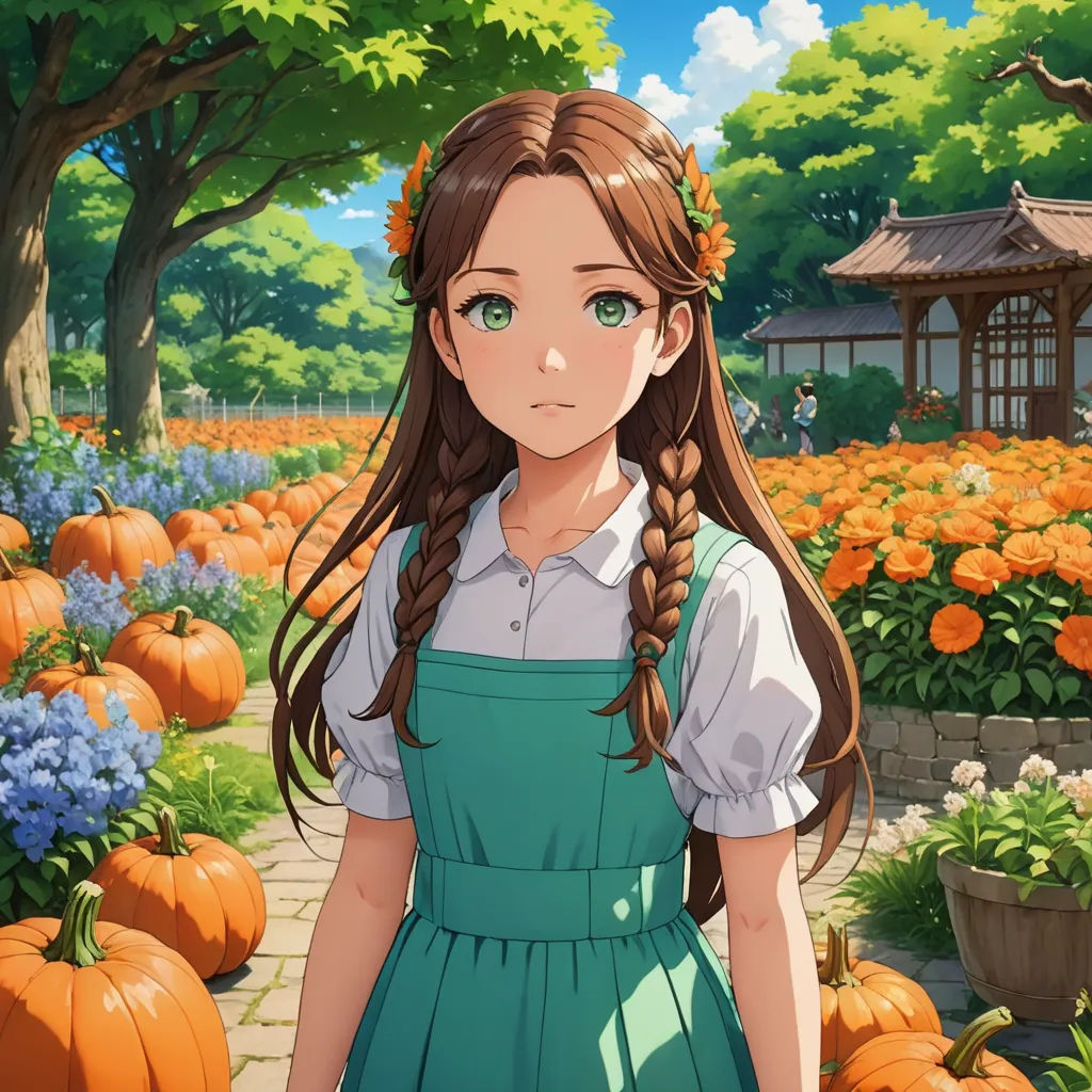 a girl in a green dress standing in a pumpkin patch with a bunch of pumpkins in the background, remodernism, concept art, Anne Said, official art