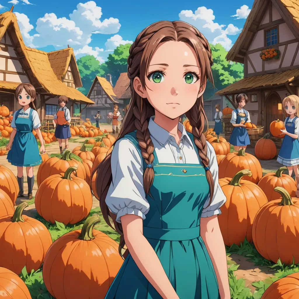 a girl in a blue dress standing in front of a field of pumpkins with other children in the background, sots art, concept art, Anne Said, official art