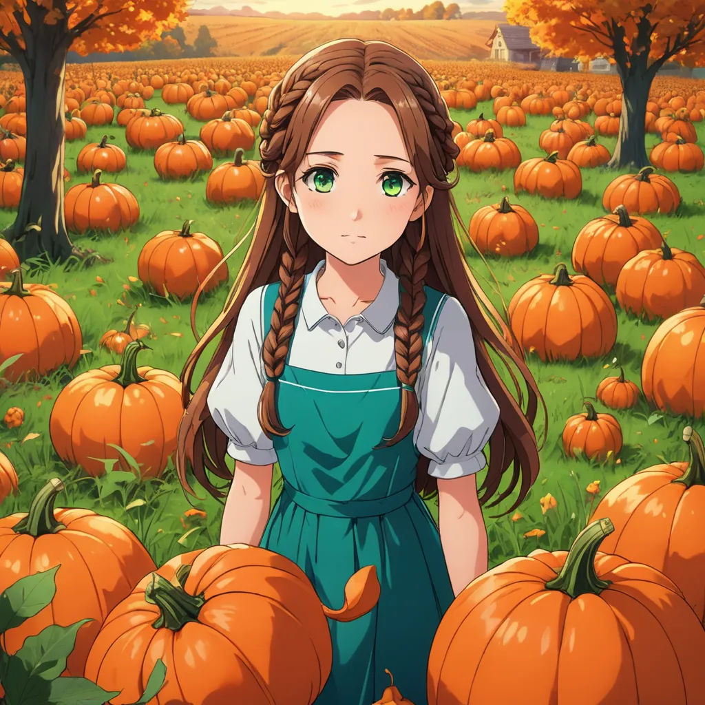 a girl standing in a field of pumpkins with her hands in her pockets and her hair in pigtails, remodernism, concept art, Anne Said, official art