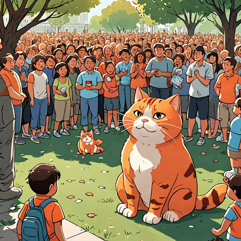 a cat sitting in front of a crowd of people in a park with a cat on the ground and a cat on the ground, furry art, a storybook illustration, Asaf Hanuka, graphic novel