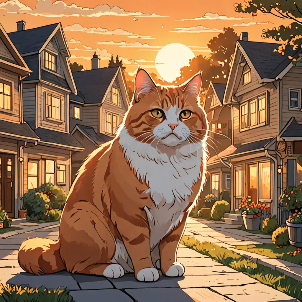 a cat sitting on a sidewalk in front of a house at sunset with the sun setting behind it and a house in the background, sots art, a comic book panel, Dan Mumford, official art