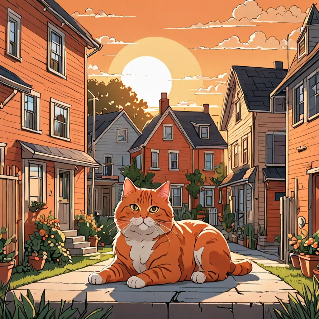 a cat sitting on a brick walkway in front of a row of houses at sunset with the sun setting, serial art, a comic book panel, Dan Mumford, official art