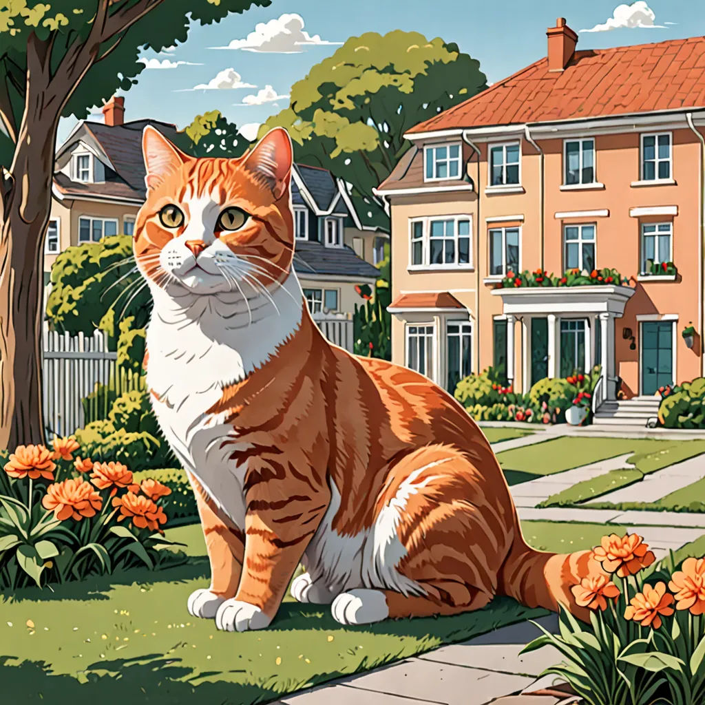 a cat sitting in the grass near a tree and flowers in front of a house with a red roof, american realism, a storybook illustration, Chris LaBrooy, detailed illustration
