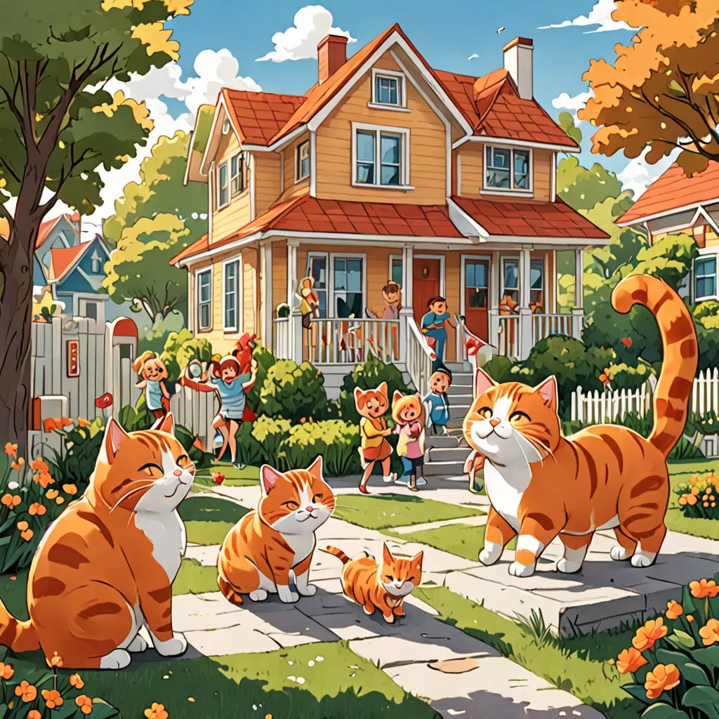 a group of cats standing in front of a house with a cat on the ground in front of them, american scene painting, a storybook illustration, Chris LaBrooy, detailed illustration