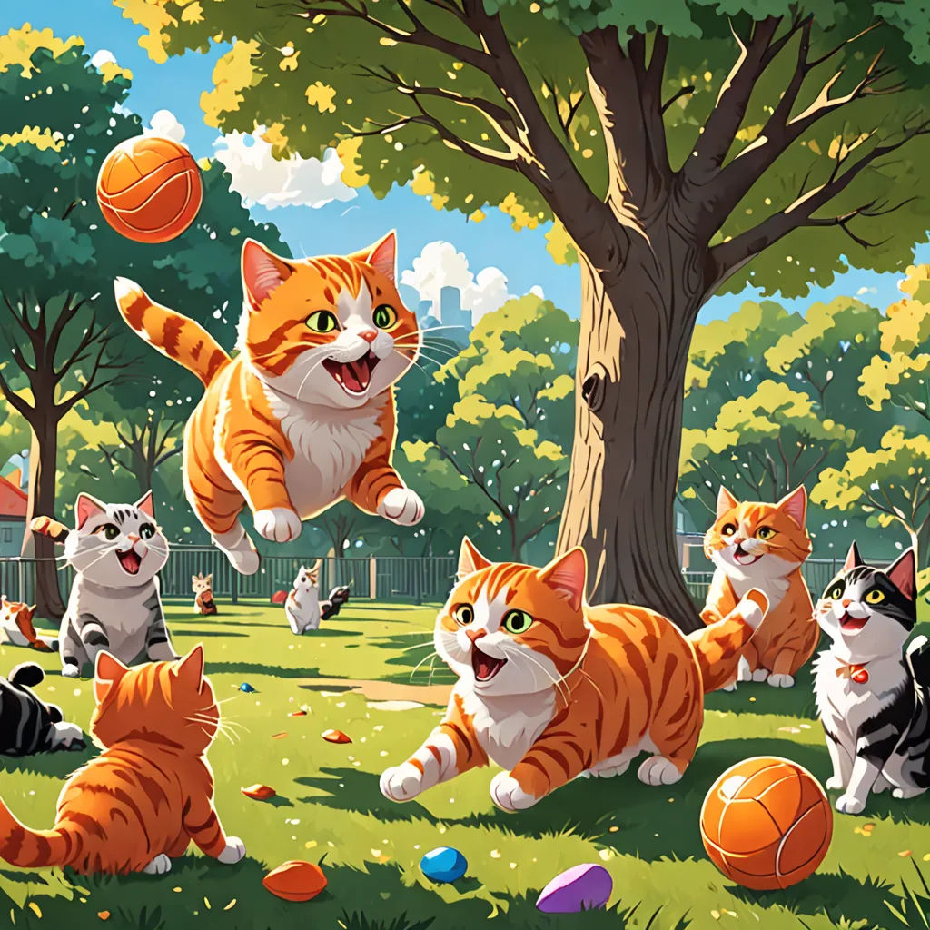 a group of cats playing with a ball in a park with a tree and a fence in the background, furry art, a storybook illustration, Chris LaBrooy, official art