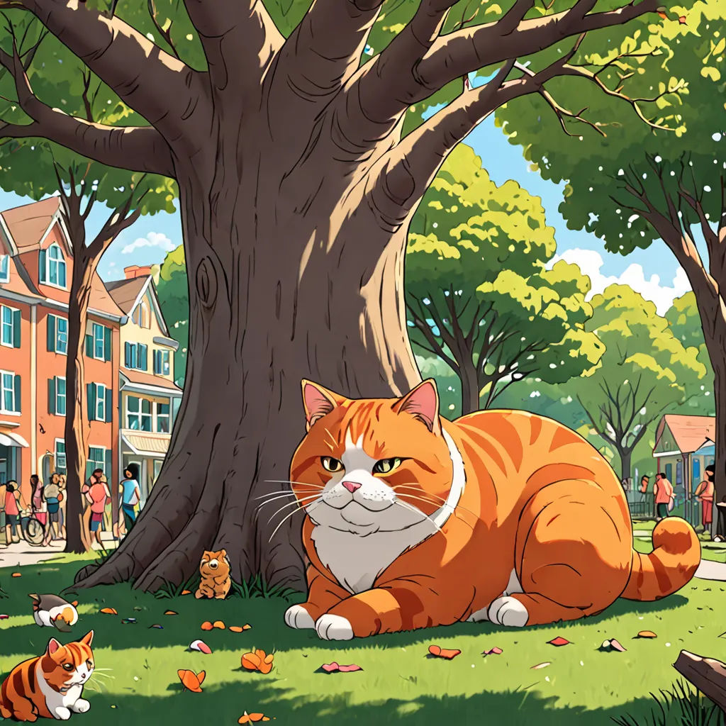 a cat laying in the grass next to a tree and a cat laying on the ground in front of a tree, american scene painting, a storybook illustration, Chris LaBrooy, official art