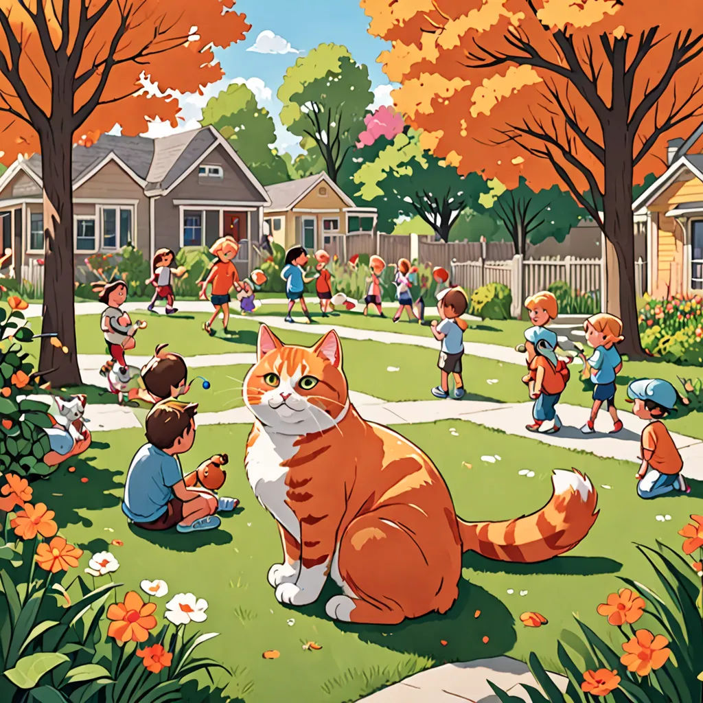 a painting of a cat sitting on the ground in a park with kids playing around it and a dog standing on the ground, american scene painting, a storybook illustration, Chris LaBrooy, storybook illustration