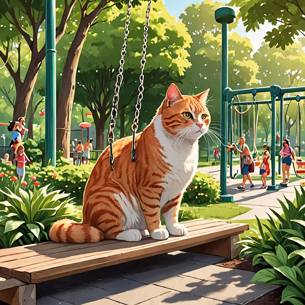 a cat sitting on a bench in a park with people playing in the background and a playground with swings and swings, naive art, a storybook illustration, Chris LaBrooy, official art