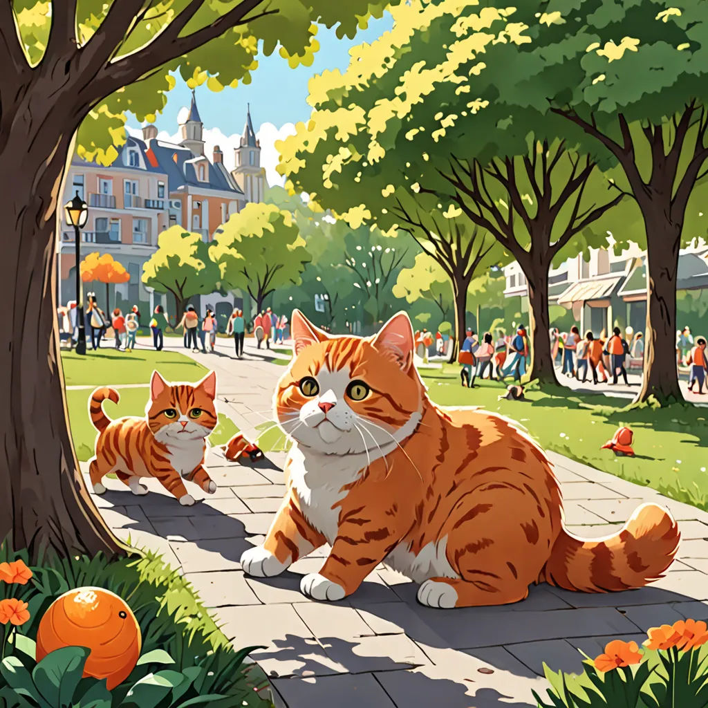 a painting of a cat sitting on a sidewalk next to a tree and people walking on the sidewalk in the background, plein air, a storybook illustration, Chris LaBrooy, official art
