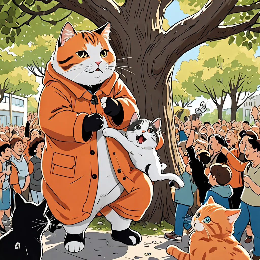 a cat is holding a cat in front of a crowd of people in a park with a tree in the background, furry art, a comic book panel, Asaf Hanuka, official art