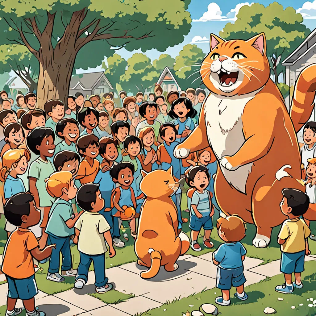 a cartoon of a cat standing in front of a crowd of children and a man holding a teddy bear, furry art, a storybook illustration, Chris LaBrooy, storybook illustration
