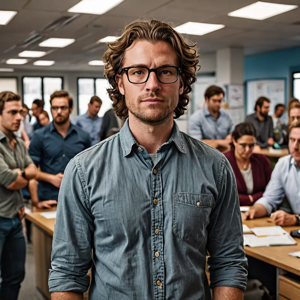 a man standing in front of a group of people in a room with desks and chairs, with a man with glasses on his head, arbeitsrat für kunst, a stock photo, Erwin Bowien, promotional image