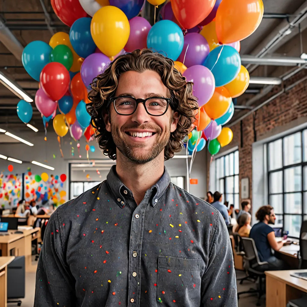 a man with a bunch of balloons on his head in an office setting with people working in the background, maximalism, a stock photo, Chris Spollen, behance hd