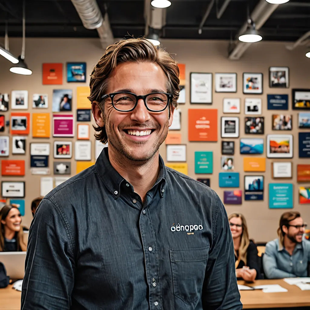 a man standing in front of a table with a laptop computer on it and people sitting around him in the background, antipodeans, a stock photo, Aaron Bohrod, professional photo