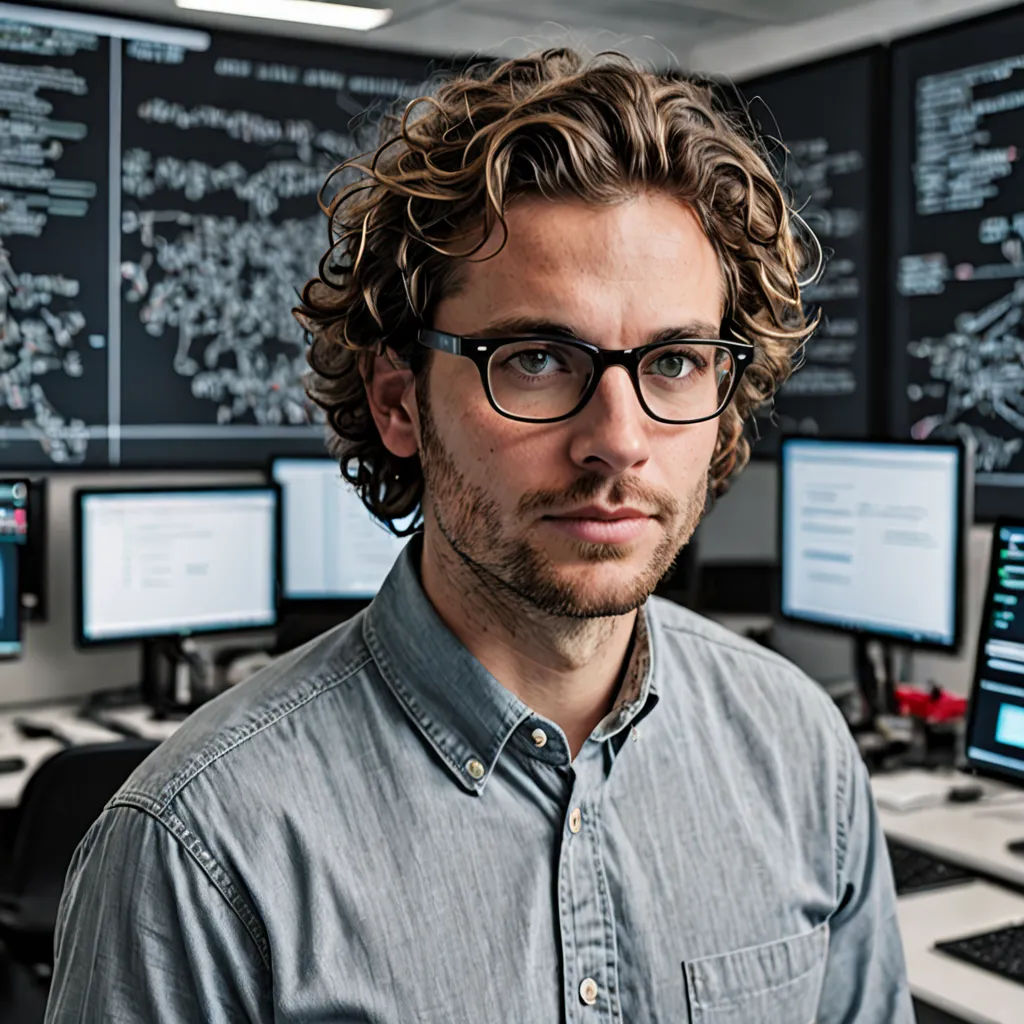 a man with glasses standing in front of a computer desk with multiple monitors on it and a lot of data on the wall, academic art, computer graphics, Erwin Bowien, professional photo