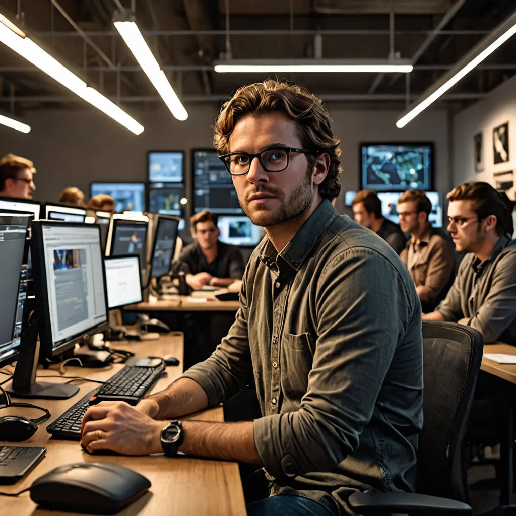 a man sitting at a desk with a computer and a keyboard in front of him and a lot of other people in the background, les automatistes, a stock photo, Cedric Seaut (Keos Masons), promotional image