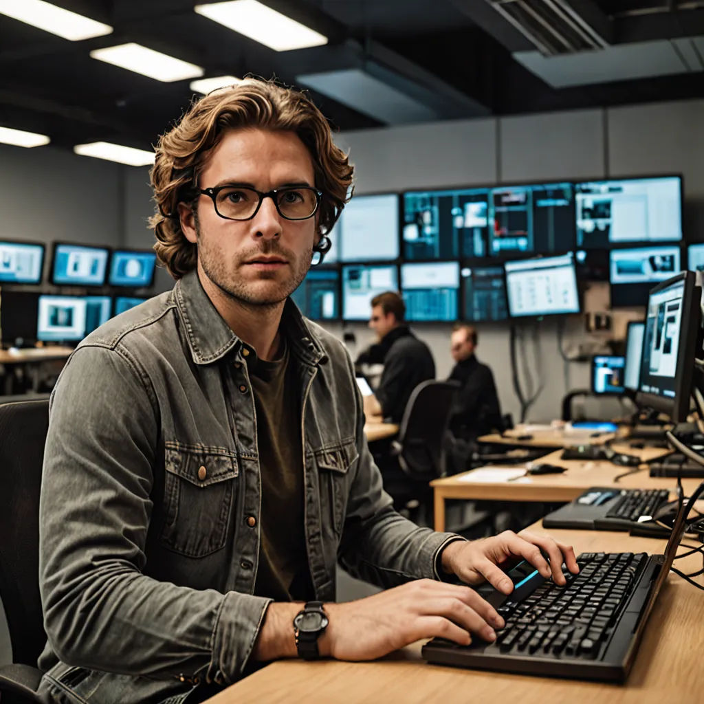 a man sitting at a desk with a keyboard and monitor in front of him and a lot of monitors behind him, les automatistes, a stock photo, Cedric Seaut (Keos Masons), professional photo
