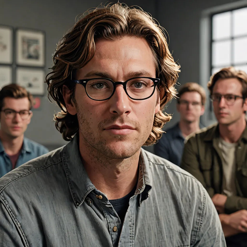 a group of men sitting in a room with one man wearing glasses and the other man wearing a shirt, private press, a character portrait, Christian Hilfgott Brand, promotional image