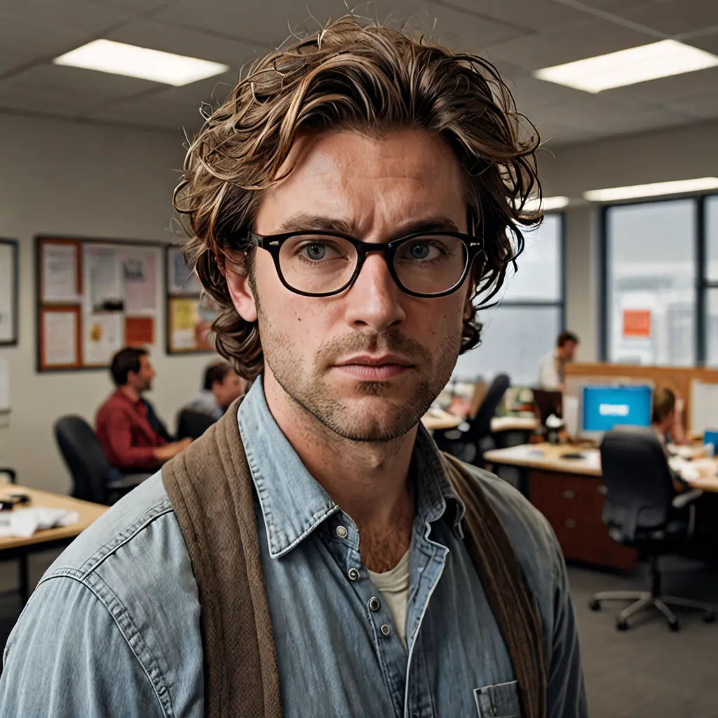 a man with glasses and a backpack in an office setting with people working on computers and desks in the background, new objectivity, a character portrait, Alexander Runciman, promotional image