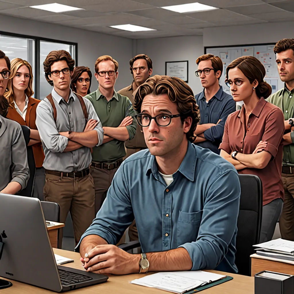 a group of people standing around a computer screen in an office setting with a man on a laptop in front of them, serial art, a renaissance painting, Clark Voorhees, promotional image
