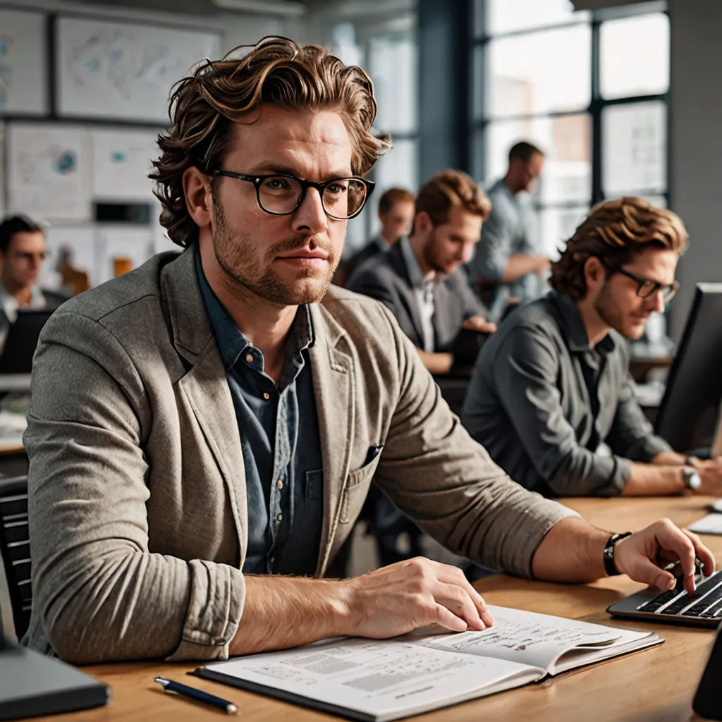 a man sitting at a desk with a laptop and papers in front of him and other people in the background, arbeitsrat für kunst, a stock photo, Erwin Bowien, hard focus
